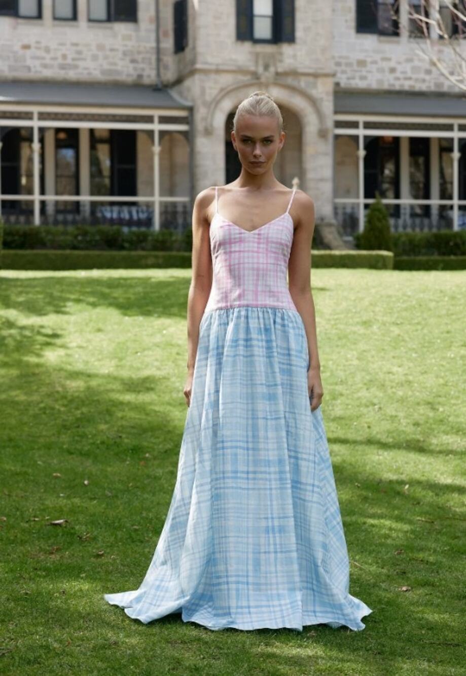 NWT Aston Studio Agatha Maxi Dress Sz 10 Blue Pink Baby Check Powder Print $680
